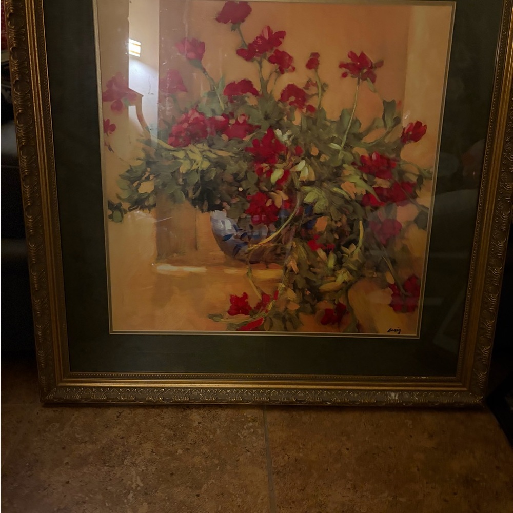 Vibrant Red Floral Canvas with Ornate Gold Frame
